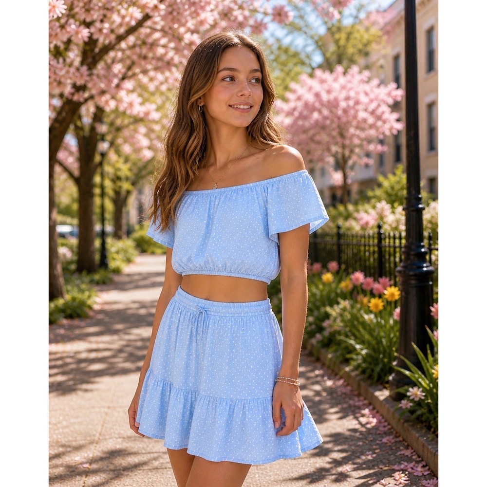 Three Pink Hearts by Trixxi Blue Two Piece Set Polka Dot Ruffle Blue Girls Large